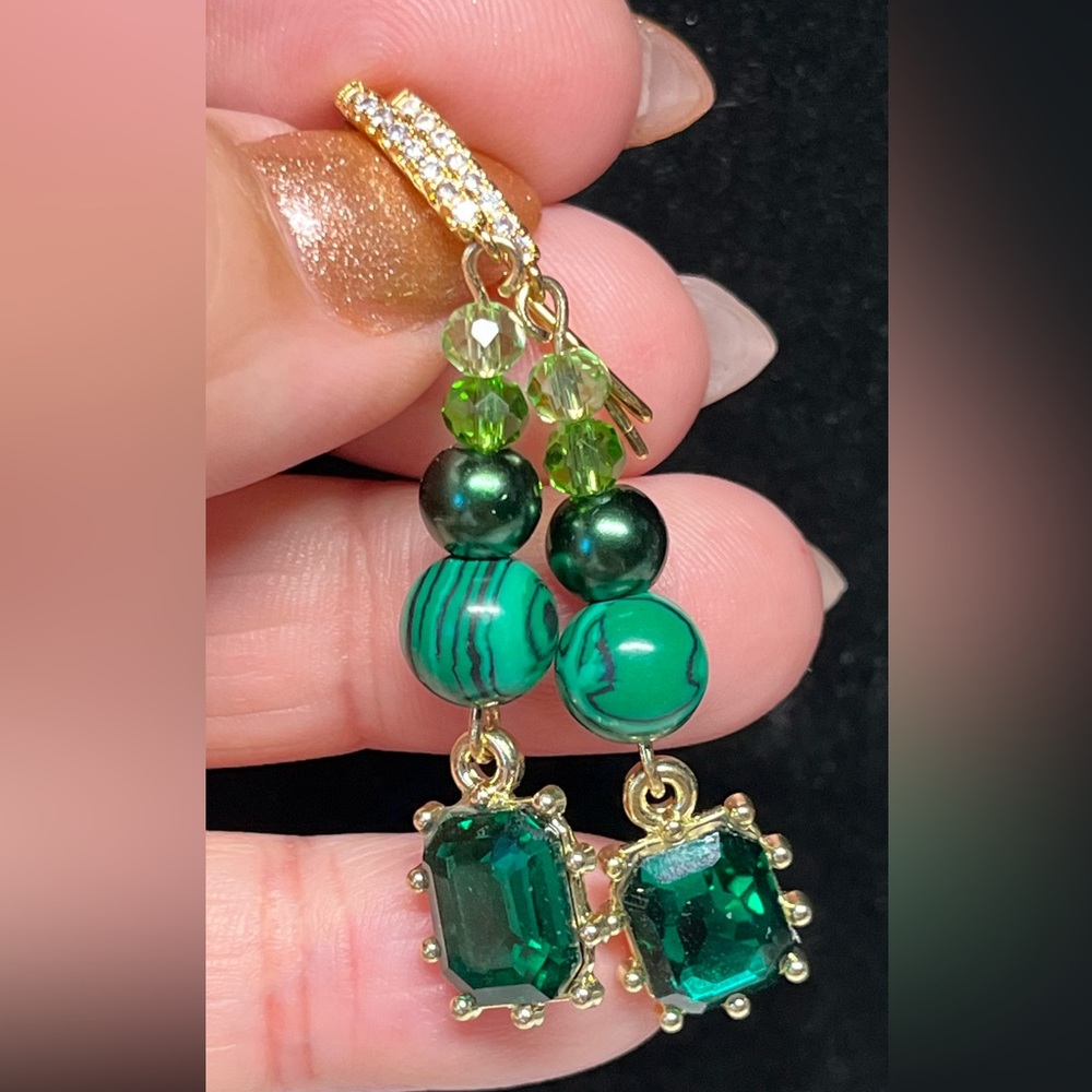 Emerald green and dyed malachite earrings with steel rhinestone hooks